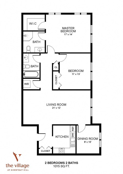 Floor plan for 2 beds, 2 baths, 1015 sqft